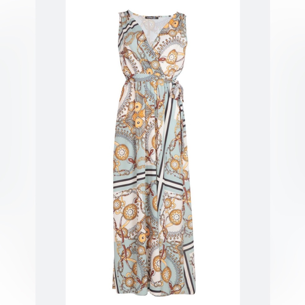 Boohoo Chain Print Belted Maxi Dress Sage Gold Old Money Made in Italy NWT-4